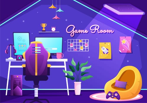 Video Game Room Interior with Android Mobile Computer and Comfortable Armchairs for Gamers in Flat Cartoon Hand Drawn Template Illustration