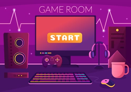 Video Game Room Interior with Android Mobile Computer and Comfortable Armchairs for Gamers in Flat Cartoon Hand Drawn Template Illustration