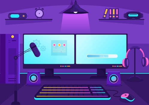 Video Game Room Interior with Android Mobile Computer and Comfortable Armchairs for Gamers in Flat Cartoon Hand Drawn Template Illustration
