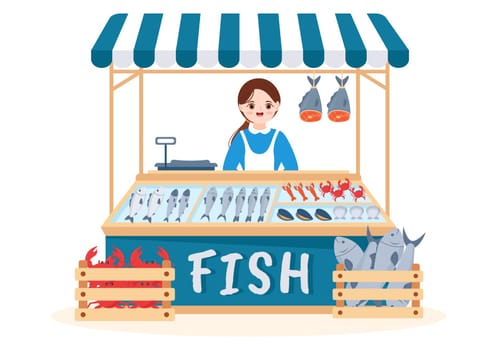 Fish Store to Market Various Fresh and Hygienic Products Seafood in Flat Cartoon Hand Drawn Templates Illustration