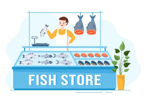 Fish Store to Market Various Fresh and Hygienic Products Seafood in Flat Cartoon Hand Drawn Templates Illustration