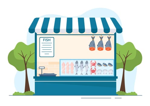 Fish Store to Market Various Fresh and Hygienic Products Seafood in Flat Cartoon Hand Drawn Templates Illustration