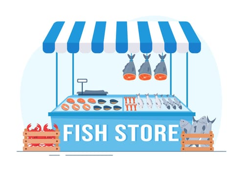 Fish Store to Market Various Fresh and Hygienic Products Seafood in Flat Cartoon Hand Drawn Templates Illustration