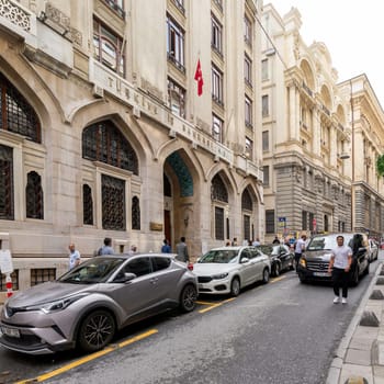 Istanbul, Turkey - August 25, 2022: Banks Street, or Bankalar Caddesi, with few pedestrians, located in the district of Beyoglu