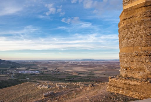 Aerial view of Casa de Reina from Muslim Citadel, Badajoz, Extremadura, Spain