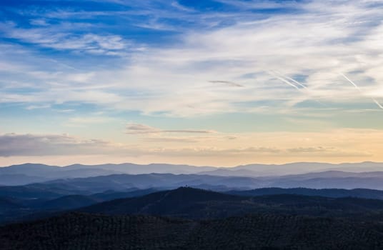 Aerial view of Sierra Morena from Reina Muslim Citadel, Badajoz, Extremadura, Spain
