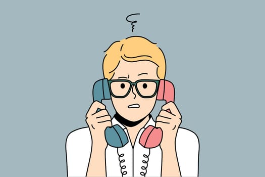 Confused man with landline phones headsets feel frustrated talking. Distressed guy in glasses shocked speaking on corded telephone. Vector illustration.