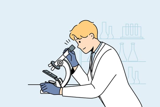 Young man scientist in white medical uniform look at sample in microscope in lab. Male researcher examine specimen in laboratory. Medicine and biotechnology. Vector illustration.