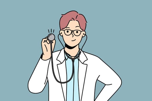 Smiling young male doctor in white medical uniform hold stethoscope ready to check or examine patient. Happy male GP or therapist checkup in hospital. Medicine. Vector illustration.