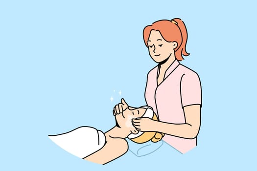 Beautician make face massage to female client in beauty salon. Cosmetologist do masks or facial procedures to woman patient in spa. Skincare routine. Vector illustration.