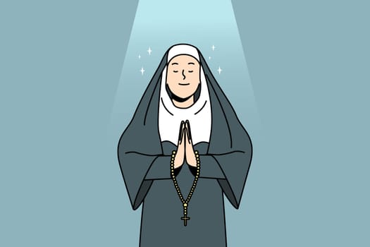Calm nun in traditional clothes praying. Church sister with rosary talk to God. Religion and faith concept. Vector illustration.