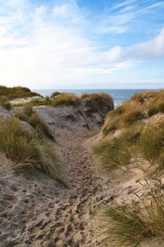 Beach crossing in Denmark by the sea. Dunes, sand water and clouds on the coast. Trip to the Baltic Sea. Vacation on the beach. Scandinavia landscape photo