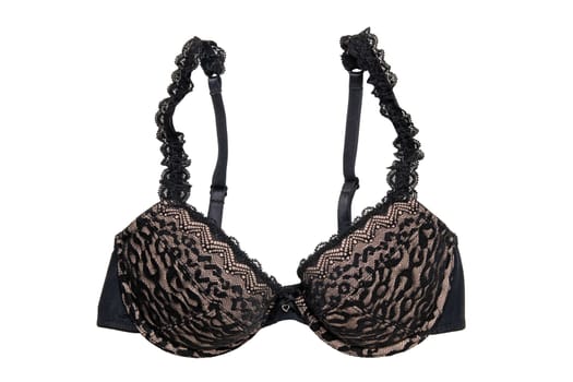 Bra isolated. Closeup of beautiful female stylish black and pink bra  with laces and straps isolated on a white background. Fashionable women underwear.