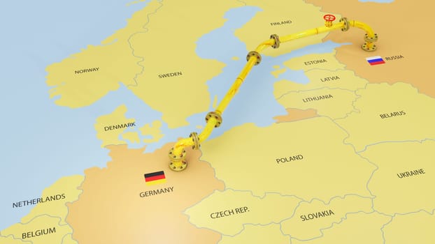 3D Render of Nord Stream 2 gas pipeline emerging on map of Europe connecting Russia and Germany through Baltic Sea, 2d graphic