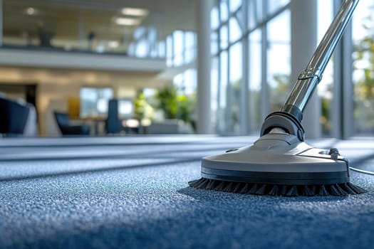 Close-up of a vacuum cleaner on a carpet in an office. Office cleaning service concept.