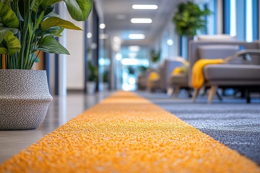A green flower in a pot stands on the floor in a modern office with carpet and blurred interior.