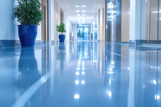 Modern bright interior of an office or medical center with a long corridor. Potted plants, clean shiny floor, blurred space.