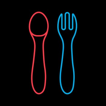 Spoon and fork for baby vector on black background icon. Graph symbol for children and newborn babies web site and apps design, logo, app, UI