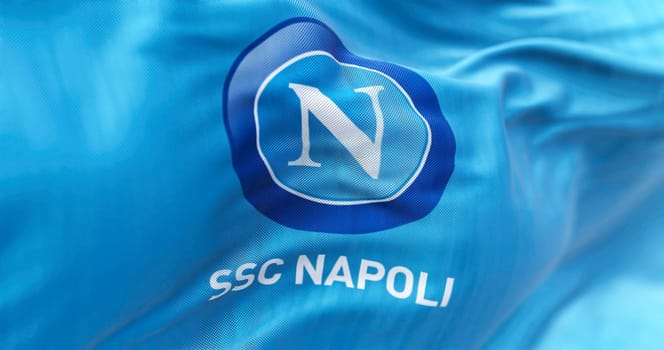 Naples, Italy, July 2022: The flag of SSC Napoli waving. SSC Napoli is a professional football club based in Naples, Italy. Fabric textured background. Selective focus. 3D illustration