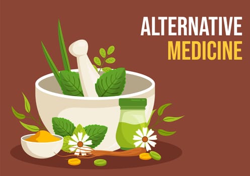 Alternative Medicine or Herbal Cure of Energy Therapies with Ginseng Root, Essential Oil and Seeds in Flat Cartoon Hand Drawn Templates Illustration