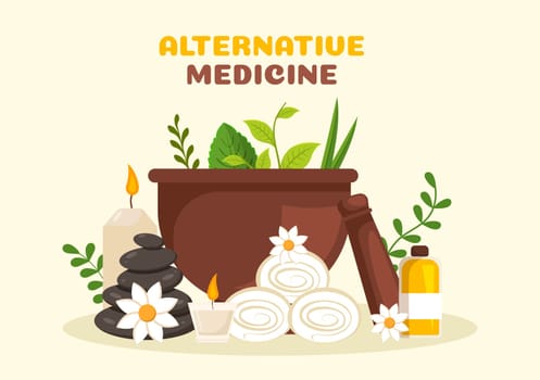 Alternative Medicine or Herbal Cure of Energy Therapies with Ginseng Root, Essential Oil and Seeds in Flat Cartoon Hand Drawn Templates Illustration