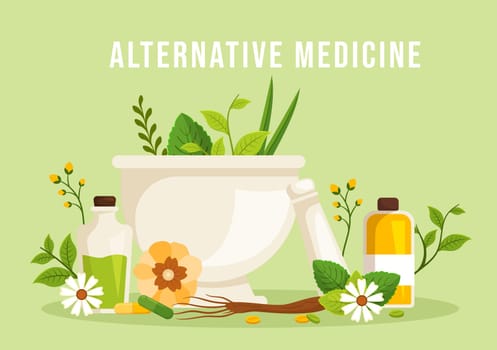 Alternative Medicine or Herbal Cure of Energy Therapies with Ginseng Root, Essential Oil and Seeds in Flat Cartoon Hand Drawn Templates Illustration