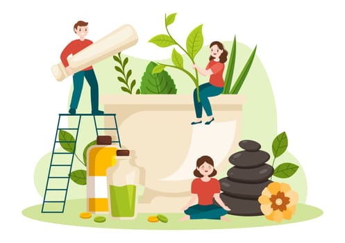 Alternative Medicine or Herbal Cure of Energy Therapies with Ginseng Root, Essential Oil and Seeds in Flat Cartoon Hand Drawn Templates Illustration