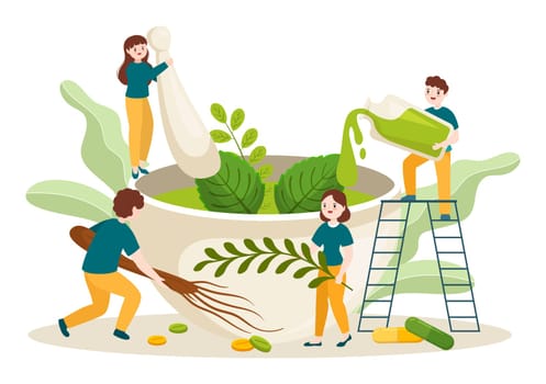 Alternative Medicine or Herbal Cure of Energy Therapies with Ginseng Root, Essential Oil and Seeds in Flat Cartoon Hand Drawn Templates Illustration