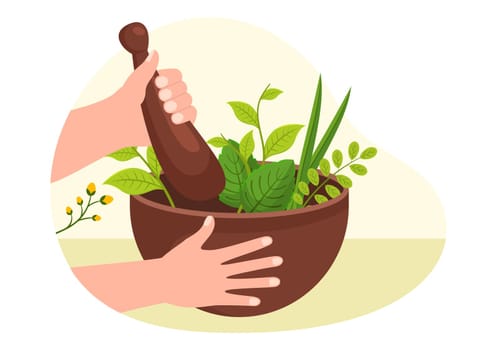 Alternative Medicine or Herbal Cure of Energy Therapies with Ginseng Root, Essential Oil and Seeds in Flat Cartoon Hand Drawn Templates Illustration