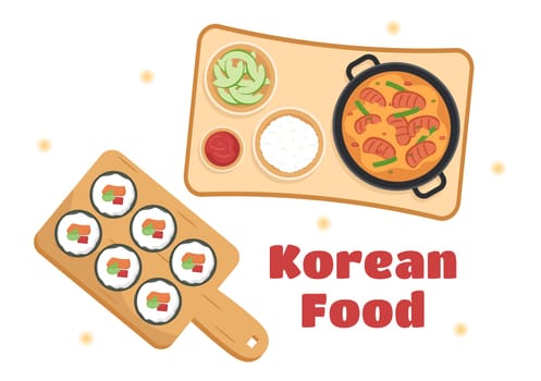 Korean Food Set Menu of Various Traditional or National Delicious Cuisine Dish in Flat Cartoon Hand Drawn Templates Illustration