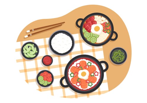 Korean Food Set Menu of Various Traditional or National Delicious Cuisine Dish in Flat Cartoon Hand Drawn Templates Illustration