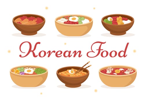Korean Food Set Menu of Various Traditional or National Delicious Cuisine Dish in Flat Cartoon Hand Drawn Templates Illustration
