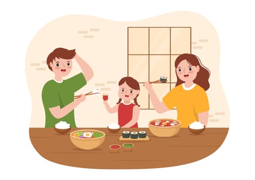 Korean Food Set Menu of Various Traditional or National Delicious Cuisine Dish with family and Kid in Flat Cartoon Hand Drawn Templates Illustration