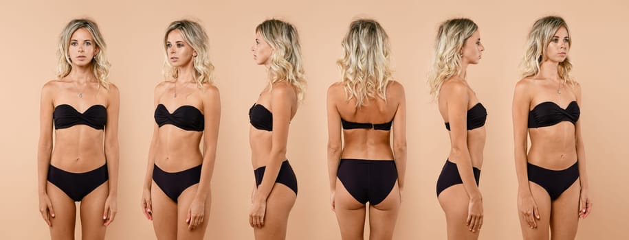View from different sides of pretty young woman in black lingerie