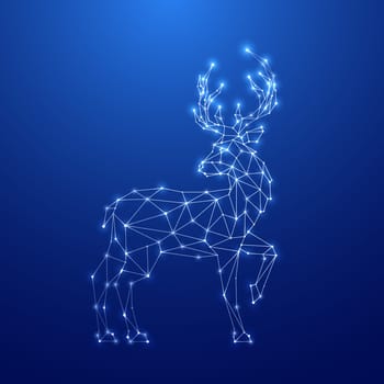 Geometric Deer silhouette. Image of Reindeer in the form of constellation on blue background. Deer clattering hoof. Vector illustration.