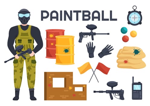 People Playing Paintball of Fighter Player Shooting with Gun Shoot, Aim, Attack in Field Scene in Flat Cartoon Hand Drawn Template Illustration