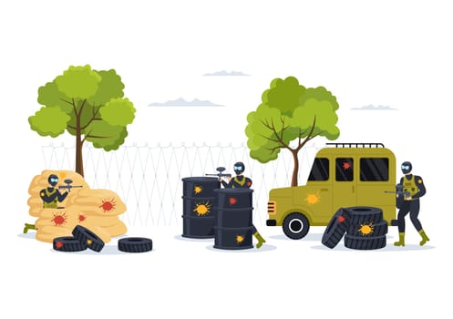 People Playing Paintball of Fighter Player Shooting with Gun Shoot, Aim, Attack in Field Scene in Flat Cartoon Hand Drawn Template Illustration