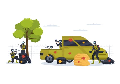 People Playing Paintball of Fighter Player Shooting with Gun Shoot, Aim, Attack in Field Scene in Flat Cartoon Hand Drawn Template Illustration