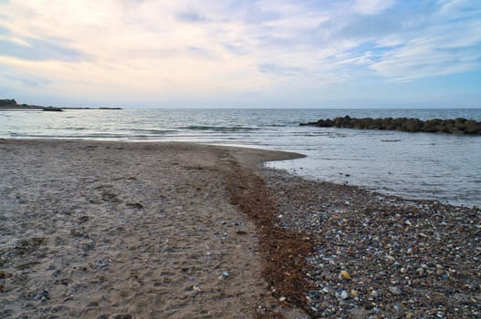 Stand in Denmark with stone dunes . Stones, shells and seaweed on the coast. Landscape photo from sea