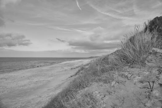 Beach crossing in Denmark by the sea taken in black and white. Dunes, sand water and clouds on the coast. Trip to the Baltic Sea. Vacation on the beach. Scandinavia landscape photo