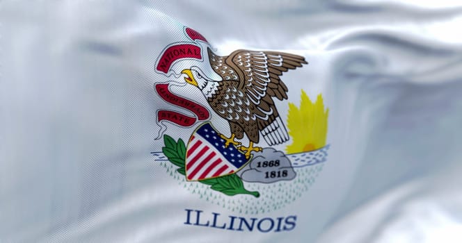 Close-up view of Illinois state flag waving in the wind. Illinois is a state in the Midwest of the United States. Fabric textured background. Selective focus. 3D illustration