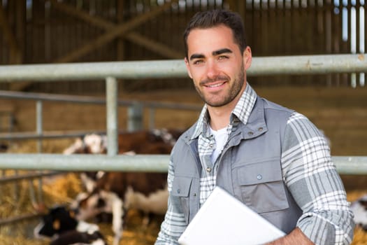 View of a Young attractive farmer in a barn with calf on the background
