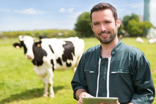 View of a young attractive farmer in a pasture with cows