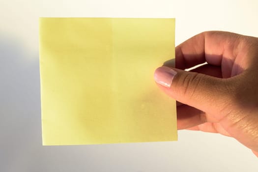 Woman's hand with painted nails holding blank letter paper on pure white background.