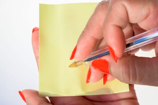 Woman's hand with painted nails holding blank letter paper on pure white background.