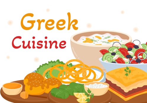 Greek Cuisine Restaurant Set Menu Delicious Dishes Traditional or National Food in Flat Cartoon Hand Drawn Template Illustration