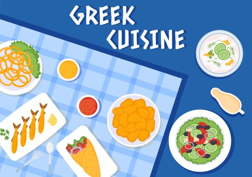 Greek Cuisine Restaurant Set Menu Delicious Dishes Traditional or National Food in Flat Cartoon Hand Drawn Template Illustration