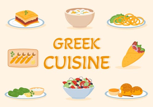 Greek Cuisine Restaurant Set Menu Delicious Dishes Traditional or National Food in Flat Cartoon Hand Drawn Template Illustration