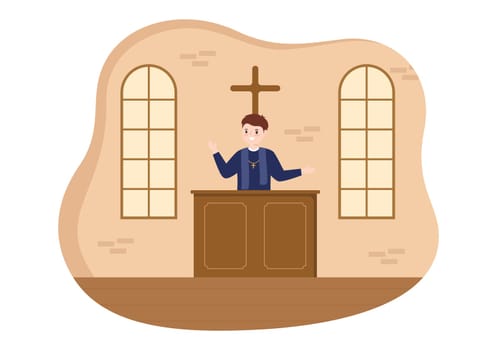 Pastor Giving a Sermon of God in Cassock at a Catholic Church from Pulpit and Baptism in Flat Cartoon Hand Drawn Templates Illustration
