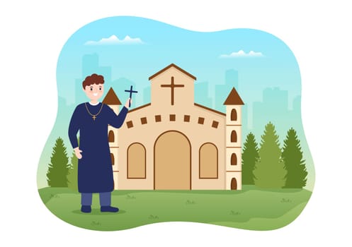 Pastor Giving a Sermon of God in Cassock at a Catholic Church from Pulpit and Baptism in Flat Cartoon Hand Drawn Templates Illustration